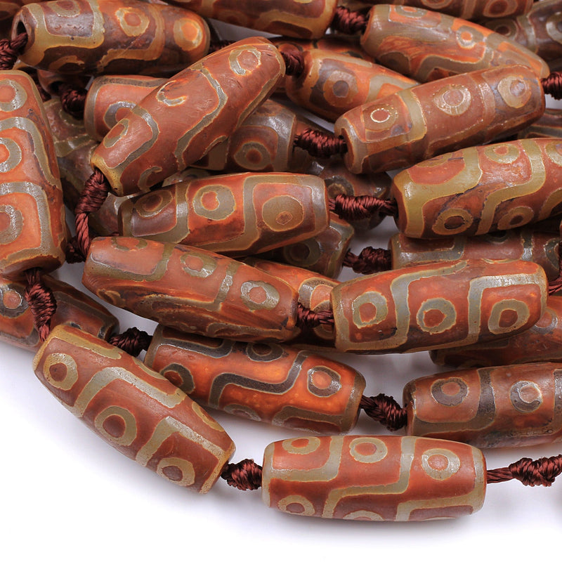 Large Tibetan Agate Barrel Drum Cylinder Tube 30mm Beads Dzi Agate Brown Etched Eye Antique Boho Beads 16" Strand