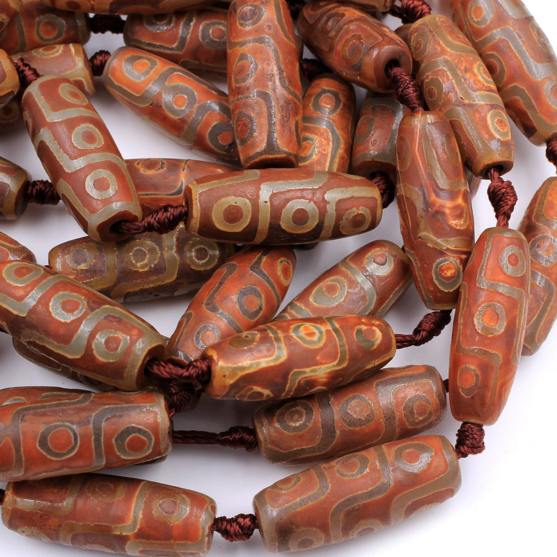 Large Tibetan Agate Barrel Drum Cylinder Tube 30mm Beads Dzi Agate Brown Etched Eye Antique Boho Beads 16" Strand