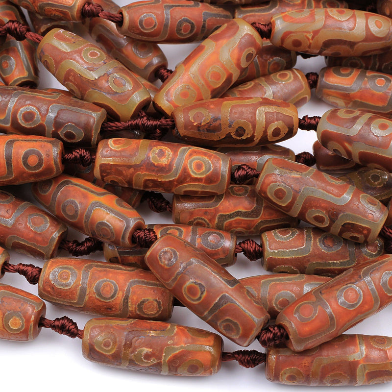 Large Tibetan Agate Barrel Drum Cylinder Tube 30mm Beads Dzi Agate Brown Etched Eye Antique Boho Beads 16" Strand