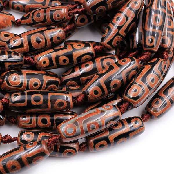 Large Tibetan Agate Barrel Drum Cylinder Tube 30mm Beads Dzi Agate Black Orange Brown Etched Eye Antique Boho Beads 16" Strand