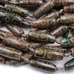 Large Tibetan Agate Barrel Drum Cylinder Tube 30mm Beads Dzi Agate Serene Green Brown Etched Eye Antique Boho Beads 16" Strand