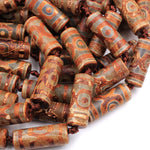 Large Tibetan Agate Cylinder Tube 30mm Beads Dzi Agate Brown Etched Eye Antique Boho Beads 16" Strand