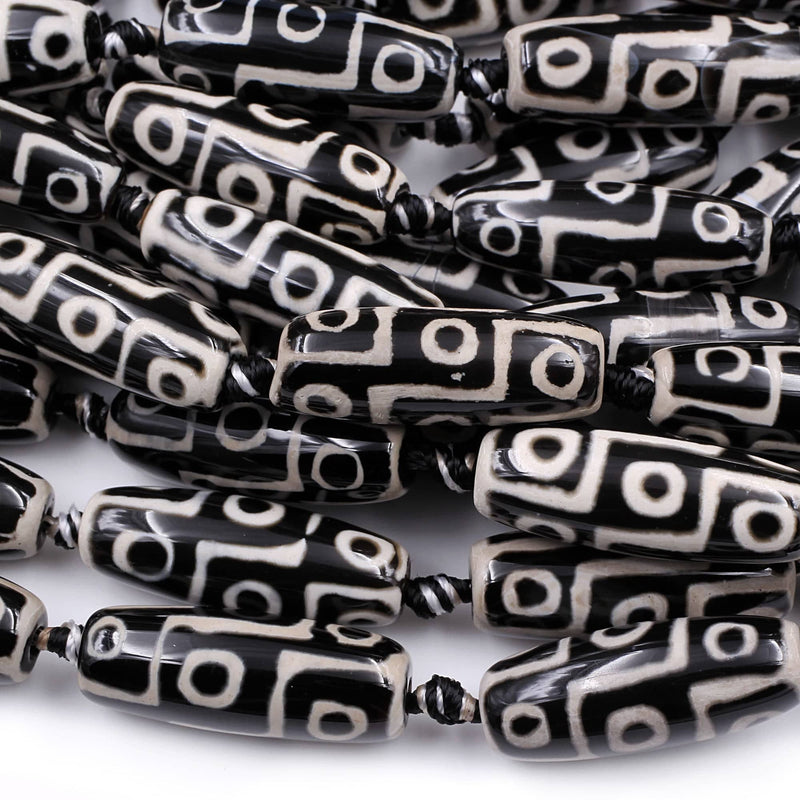 Large Tibetan Agate Barrel Drum Tube 30mm Beads Dzi Agate Black White Etched Eye Antique Boho Beads 16" Strand