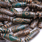 Large Tibetan Agate Barrel Drum Cylinder Tube 40mm Beads Dzi Agate Serene Green Brown Etched Eye Antique Boho Beads 16" Strand