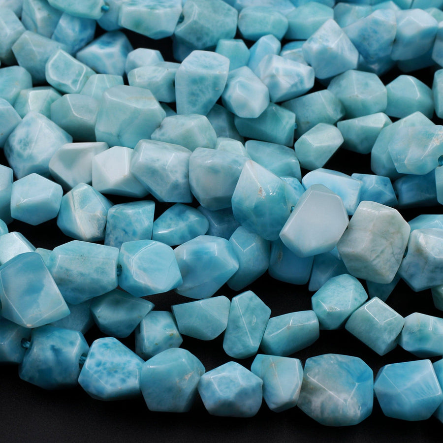 AAA Natural Blue Larimar 8mm Faceted Nugget Beads Hand Cut Freeform Real Genuine Larimar Gemstone 16" Strand