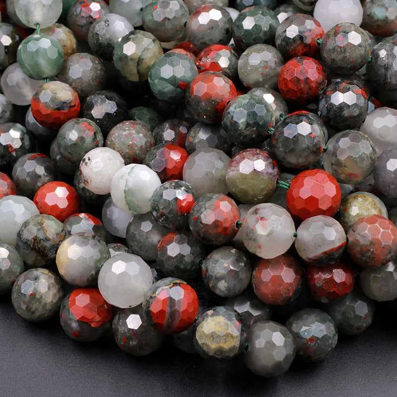 Faceted African Bloodstone 6mm 8mm 10mm Round Beads Natural Red Grey Green Polished Gemstone Beads 16" Strand