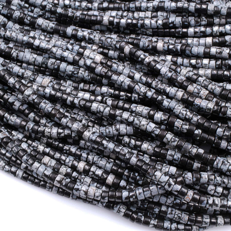 Natural Snowflake Obsidian Rondelle Heishi 4mm Beads Gemstone Black White Grey Beads 16" Strand
