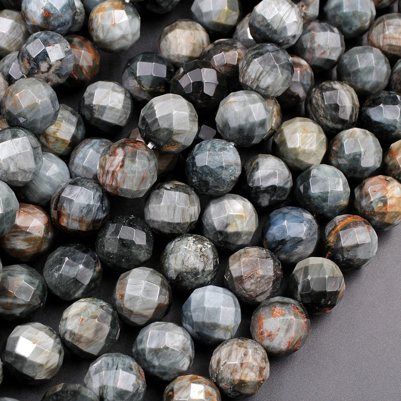 Faceted Natural Eagle Eye 12mm Round Beads Natural Chatoyant Silvery Grey Slate High Quality Gemstone 16" Strand