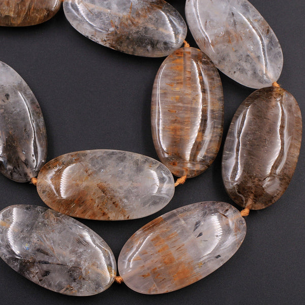 Rare Natural Cacoxenite in Quartz Beads Magnificent Large Long Oval Focal Pendant Center Drilled Gemstone 28" Strand