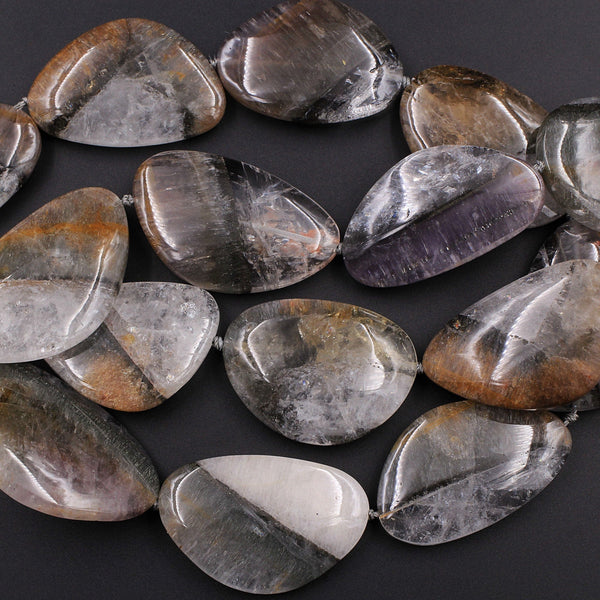 Rare Natural Cacoxenite in Quartz Beads Magnificent Large Freeform Oval Focal Pendant Center Drilled Gemstone Long 28" Strand