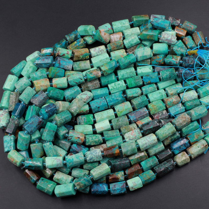 Natural Chrysocolla Rectangle Nugget Hand Cut Faceted Tube Blue Green Gemstone Nugget Freeform Beads 16" Strand