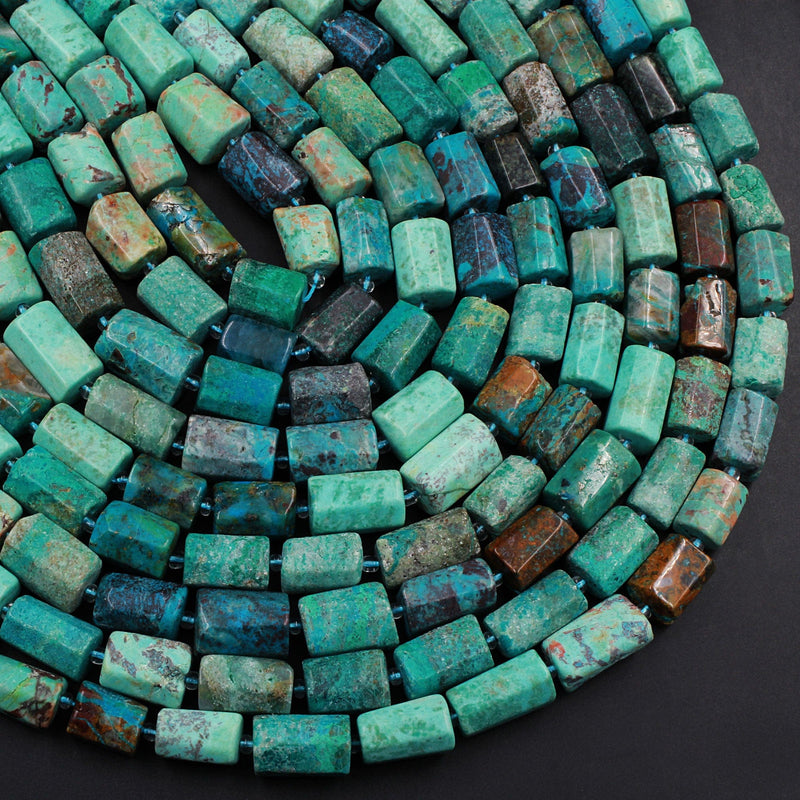 Natural Chrysocolla Rectangle Nugget Hand Cut Faceted Tube Blue Green Gemstone Nugget Freeform Beads 16" Strand