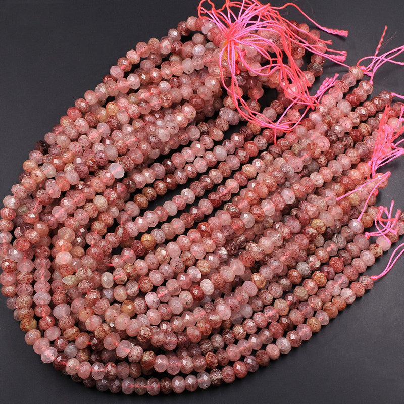Faceted Natural Red Pink Strawberry Quartz Rondelle 8x6mm Beads 16" Strand