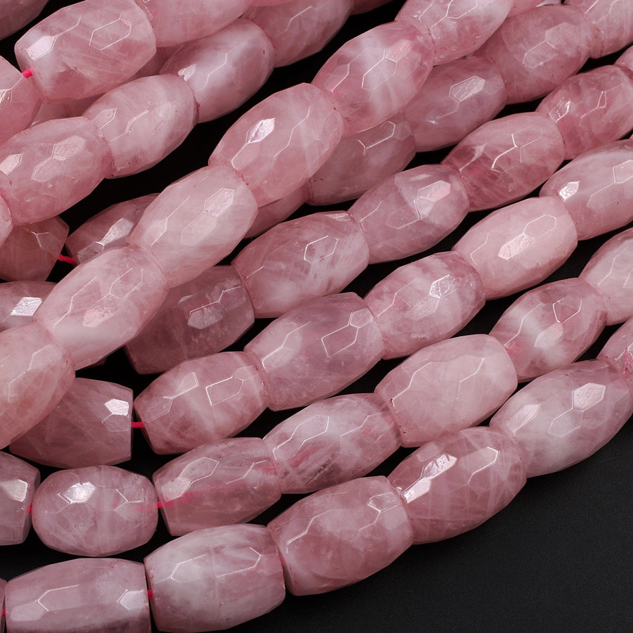 AAA Natural Pink Rose Quartz Large Faceted Barrel Drum 16x12mm Nugget Beads Intense Pink Gemstone From Madagascar 16" Strand