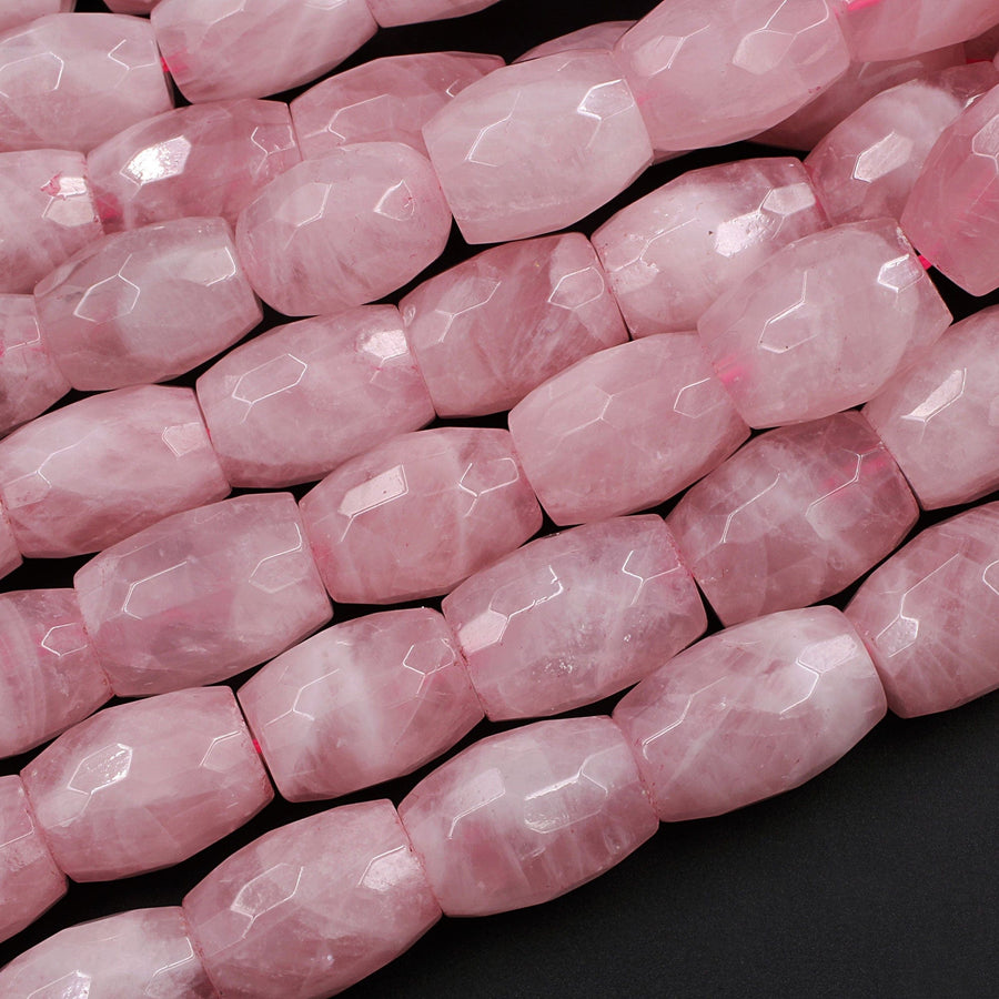 AAA Natural Pink Rose Quartz Large Faceted Barrel Drum 16x12mm Nugget Beads Intense Pink Gemstone From Madagascar 16" Strand