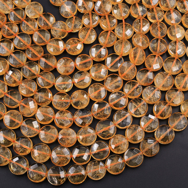 Natural Citrine Faceted Coin 8mm 9mm 10mm 12mm 14mm 16mm Beads 15.5" Strand
