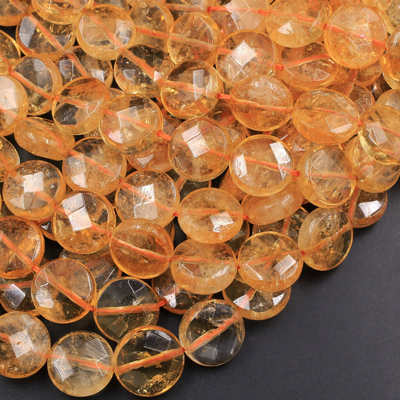 Natural Citrine Faceted Coin 8mm 9mm 10mm 12mm 14mm 16mm Beads 15.5" Strand