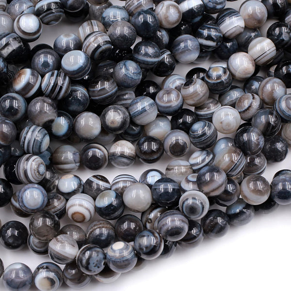 Natural Slate Grey Sardonyx Agate 8mm Round Beads AA Grade Amazing Eyes Bands Veins Antique Boho Mala Beads 16" Strand