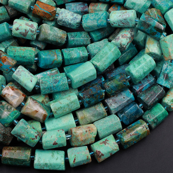 Natural Chrysocolla Rectangle Nugget Hand Cut Faceted Tube Blue Green Gemstone Nugget Freeform Beads 16" Strand