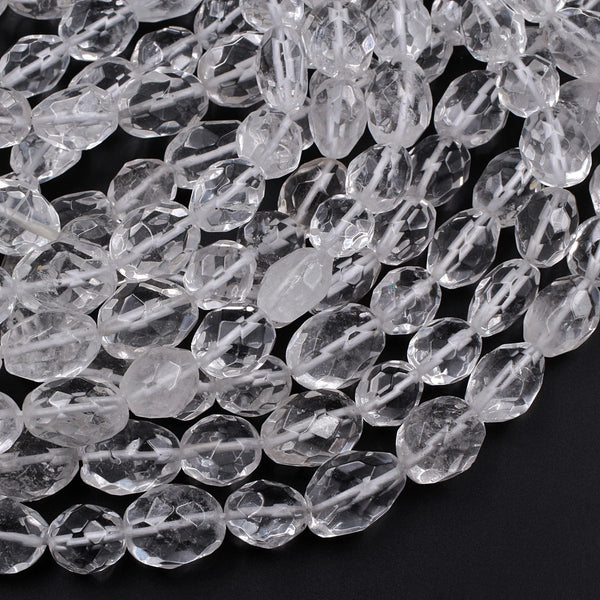 Natural Rock Crystal Quartz Beads Faceted Freeform Oval Nuggets Icy Clear Rock Crystal Quartz 16" Strand