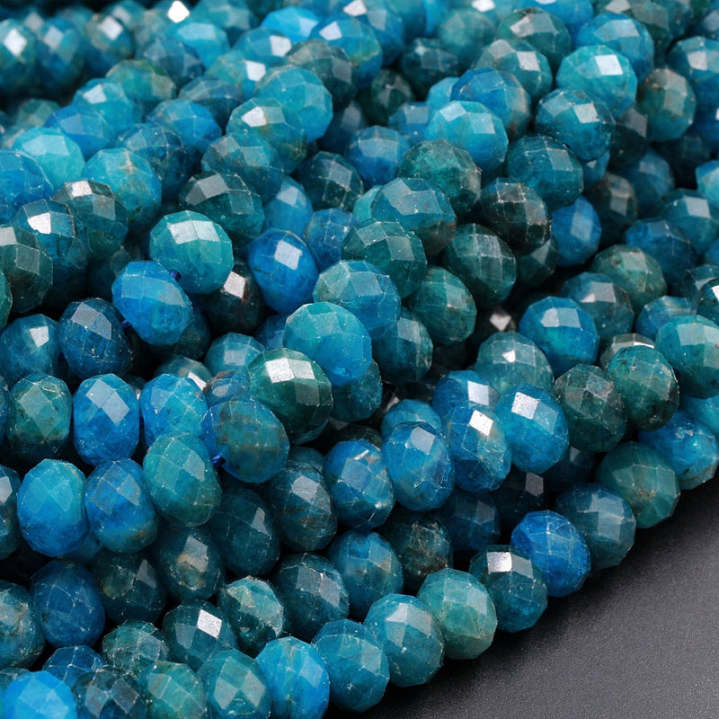 Natural Blue Apatite Faceted Rondelle Beads 8x5mm Center Drilled Intense Teal Blue Gemstone Beads 16" Strand