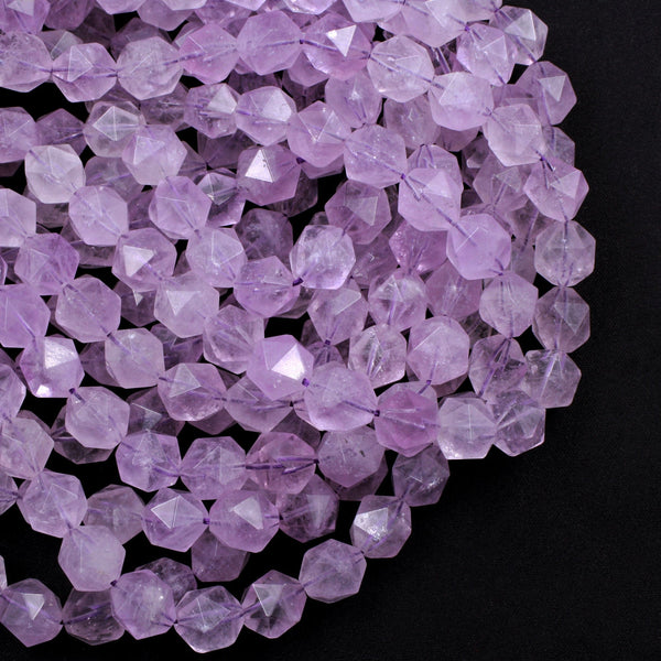 Geometric Star Cut Genuine 100% Natural Amethyst Faceted 12mm Nugget Soft Violet Purple Beads 16" Strand