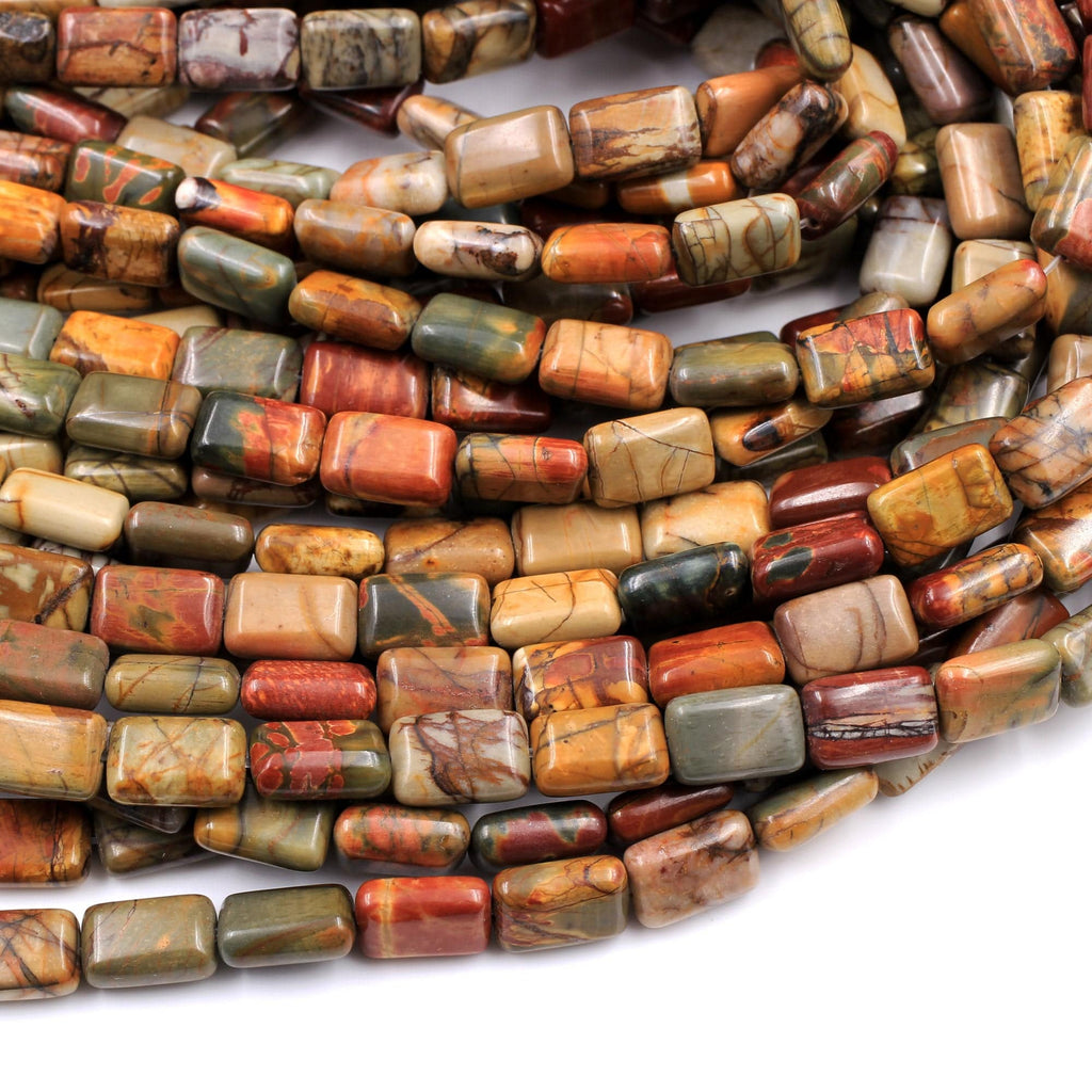 Red Creek Jasper Rectangle Beads 12x8mm Earthy Red Green Yellow Brown Natural Cherry Creek Multi Color Multicolor Picasso Jasper 15.5" Strand