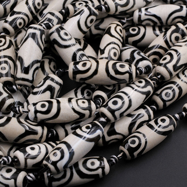 Large Tibetan Agate Barrel Drum Cylinder Tube 30mm Beads Dzi Agate Creamy White Black Eye Pattern Antique Boho Beads 16" Strand