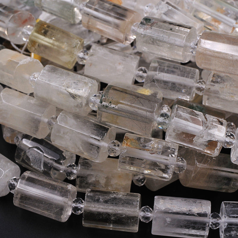 Natural Phantom Quartz Faceted Barrel Tube Nugget Beads Green Golden Matrix in Clear Crystal Quartz Rutile 16" Strand
