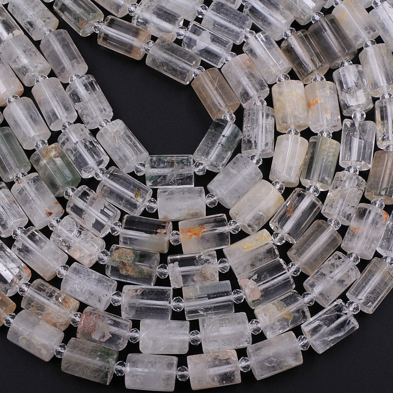 Natural Phantom Quartz Faceted Barrel Tube Nugget Beads Green Golden Matrix in Clear Crystal Quartz Rutile 16" Strand