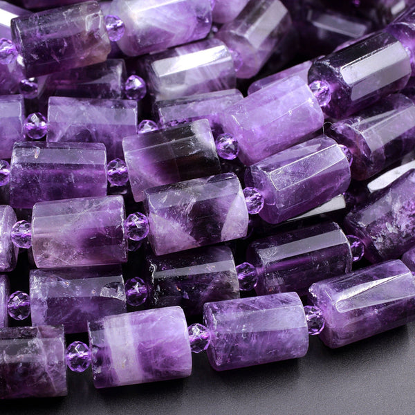 Faceted Natural Amethyst Tube Cylinder Beads Rich Purple Gemstone Beads 16" Strand