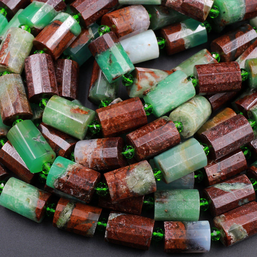 Natural Australian Green Chrysoprase Faceted Tube Rectangle Beads Cylinder Green Brown Bead 16" Strand