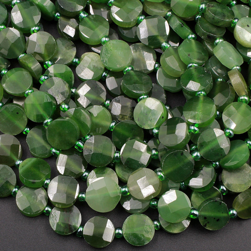 Natural Canadian Green Jade Faceted Coin Beads Flat Disc Laser Diamond Cut Real Genuine Green Jade Sharp Facets Gemstone 16" Strand