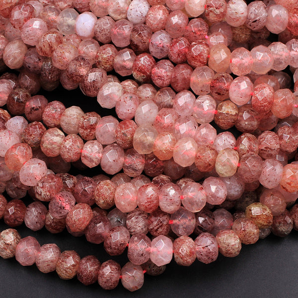 Faceted Natural Red Pink Strawberry Quartz Rondelle 8x6mm Beads 16" Strand