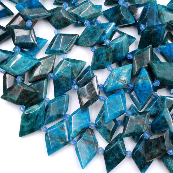 Natural Blue Apatite Beads Faceted Kite Marquise Horse Eye Diamond Shape Center Drilled Flat Gemstone 16" Strand