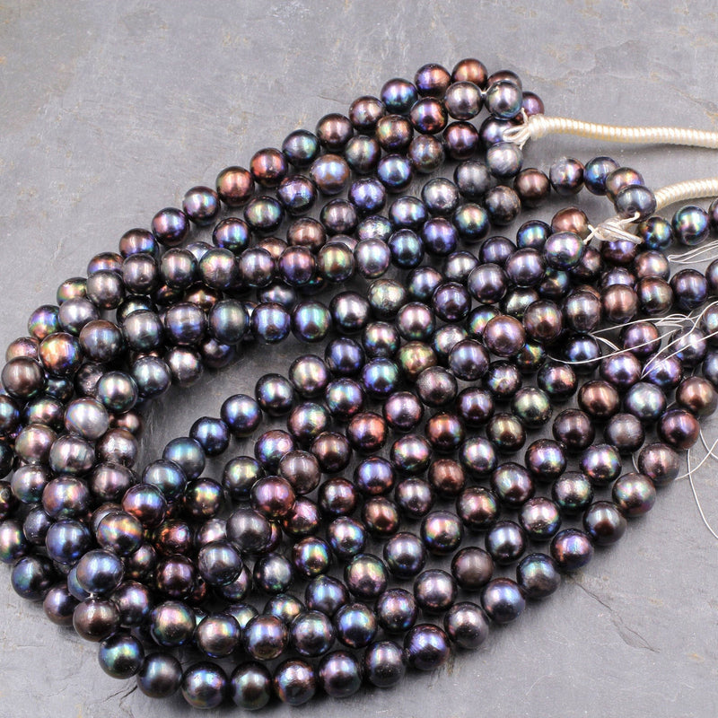 Large Genuine Freshwater Black Peacock Pearl 12mm Round Shimmery Iridescent Rainbow Glow Real Genuine Freshwater Pearl 16" Strand