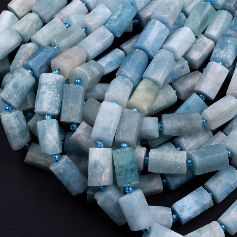 Matte Natural Aquamarine Faceted Tube Cylinder Rectangle Beads High Quality Blue Aquamarine Gemstone Full 16" Strand