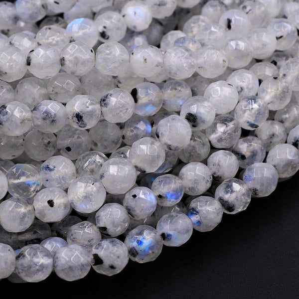 Faceted Natural Blue Rainbow Moonstone 6mm Round Beads Blue Flash Black Moonstone 16" Strand
