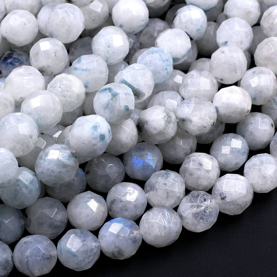 Faceted Natural Rainbow Moonstone 6mm 8mm 10mm Round Beads Tinted Green Color 16" Strand