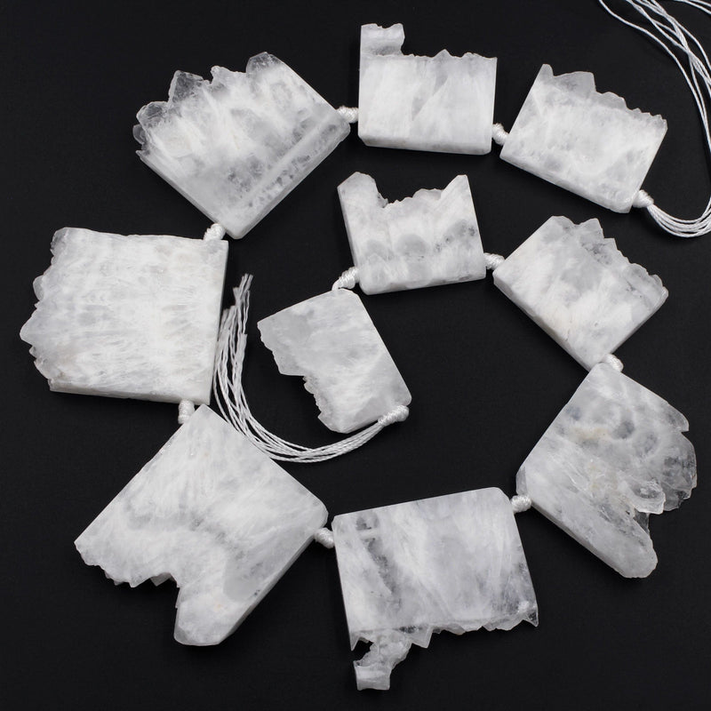 Large Drilled White Rock Quartz Druzy Slice Pendant Focal Beads Raw Natural Stalactite Slab Side Drilled Gemstone 16" Strand