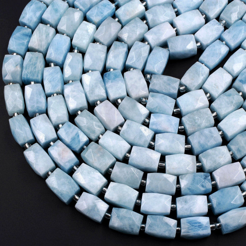 Natural Aquamarine Faceted Rectangle Tube Nugget Beads Large Real Genuine Blue Aquamarine Gemstone 16" Strand