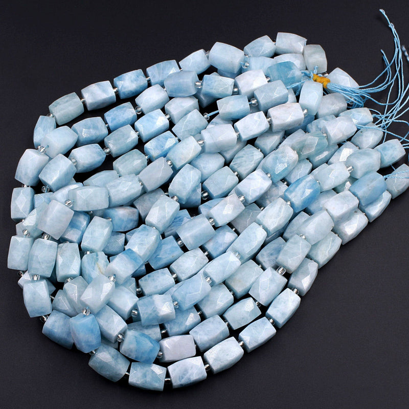 Natural Aquamarine Faceted Rectangle Tube Nugget Beads Large Real Genuine Blue Aquamarine Gemstone 16" Strand