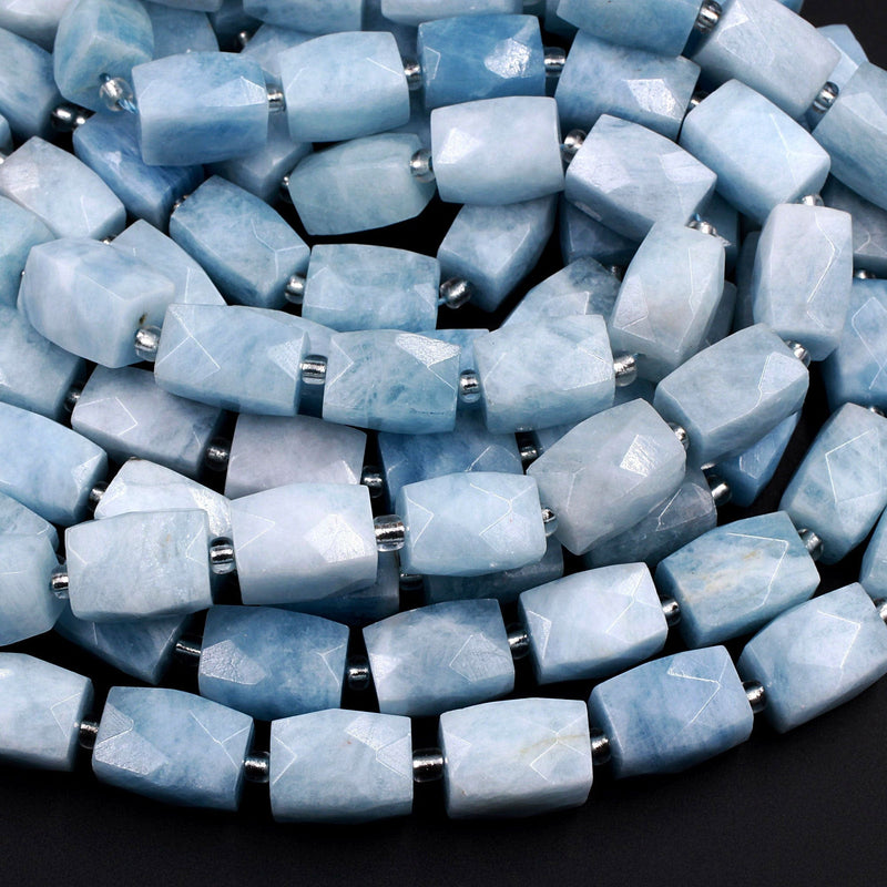 Natural Aquamarine Faceted Rectangle Tube Nugget Beads Large Real Genuine Blue Aquamarine Gemstone 16" Strand