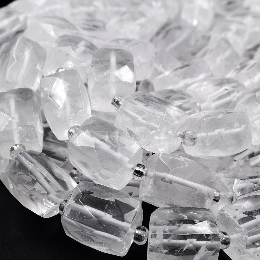 Natural Rock Crystal Quartz Beads Faceted Rectangle Cylinder Tube Nuggets Icy Rock Crystal Clear Raw Crystals 16" Strand