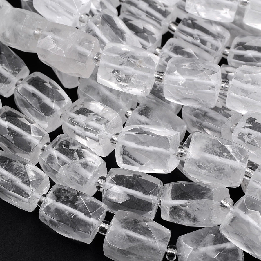 Natural Rock Crystal Quartz Beads Faceted Rectangle Cylinder Tube Nuggets Icy Rock Crystal Clear Raw Crystals 16" Strand