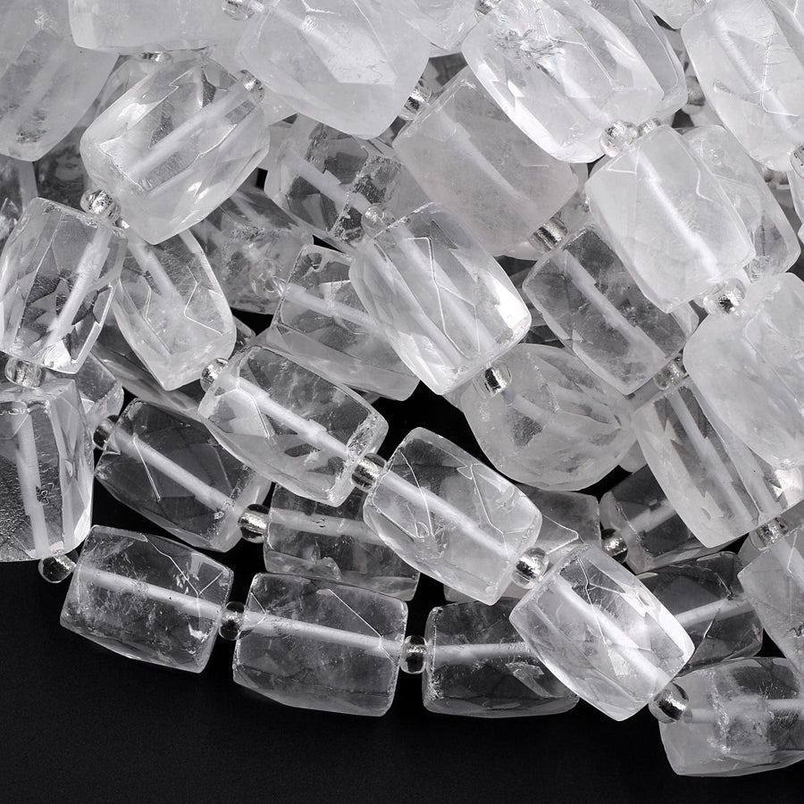 Natural Rock Crystal Quartz Beads Faceted Rectangle Cylinder Tube Nuggets Icy Rock Crystal Clear Raw Crystals 16" Strand