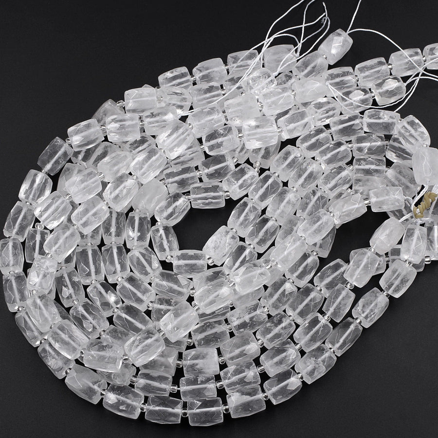 Natural Rock Crystal Quartz Beads Faceted Rectangle Cylinder Tube Nuggets Icy Rock Crystal Clear Raw Crystals 16" Strand