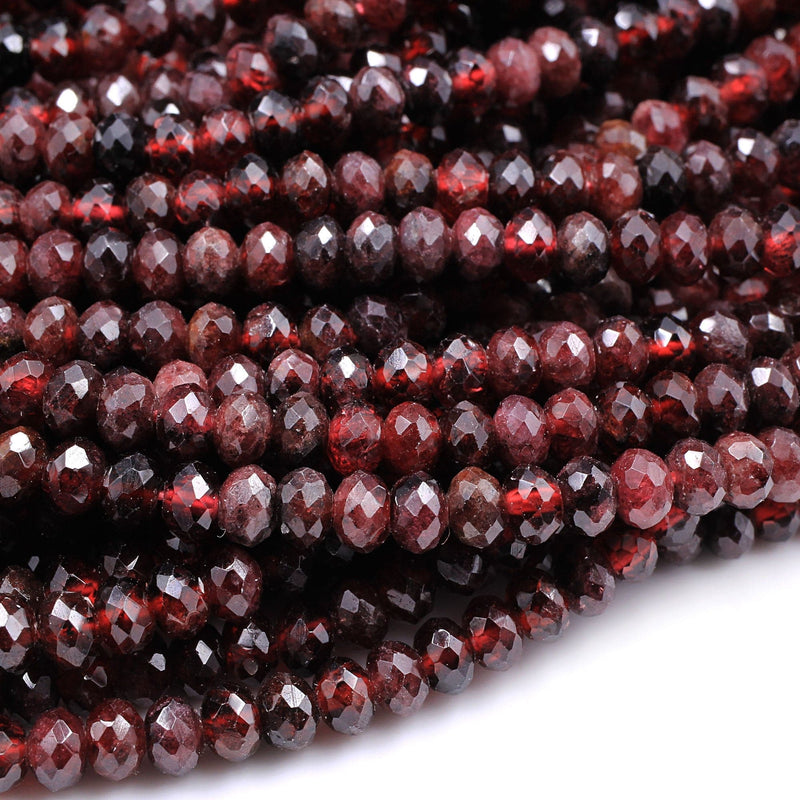 Faceted Natural Red Garnet Rondelle Beads 5mm Red Sparkle Diamond Cut Gemstone 15.5" Strand