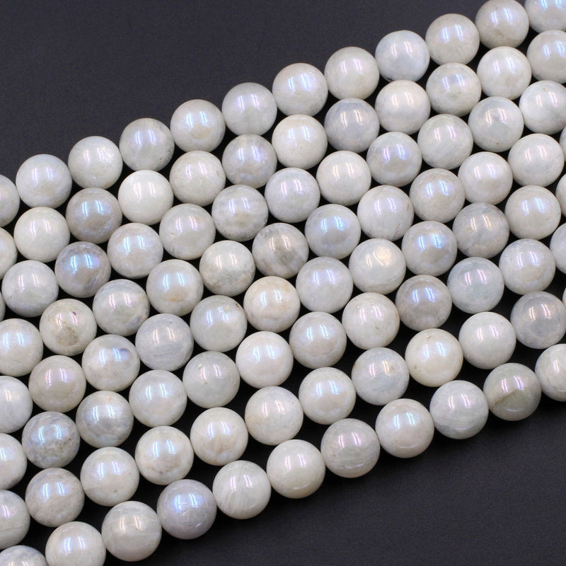 Mystic Rainbow Moonstone 10mm Round Beads Plated Silverite Coated Natural Gemstone 16" Strand