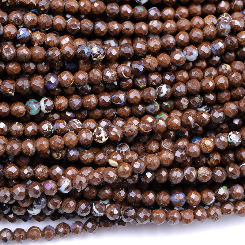 Natural Australian Boulder Opal Tiny Micro Faceted 2mm Round Beads Beautiful Flashy Opal Veins 16" Strand